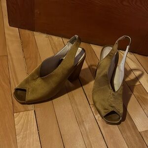 INTENTIONALLY BLANK Mustard Yellow Suede Slingback Peep Toe Heels